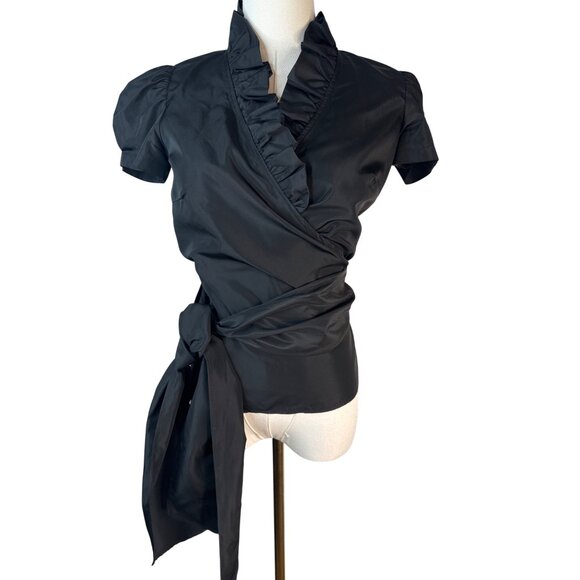 ZARA Black XS Ruffle Neck Wrap Top With Puff Sleeves & Side Sash Tie - Picture 2 of 16